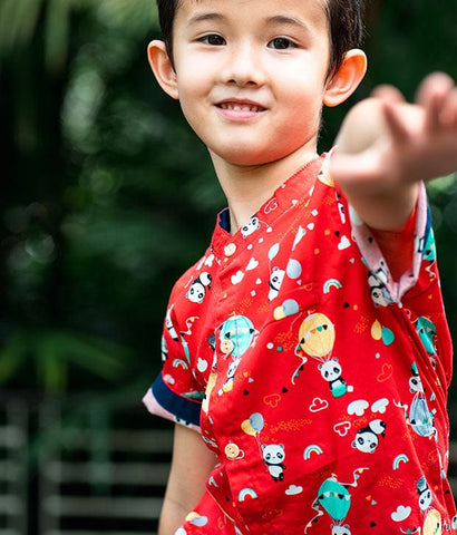 Mandarin Collar Shirt - Playful Panda (Red)