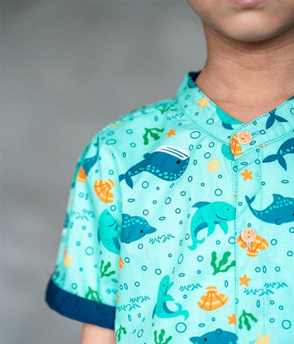 Mandarin Collar Shirt - Seaworld Mammals (Mint Green)