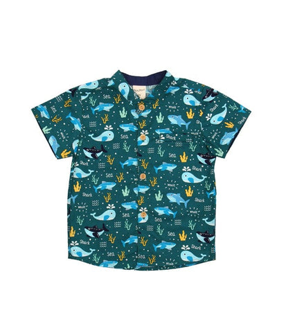 Mandarin Collar Shirt - Shark & Whale At Sea (Green)