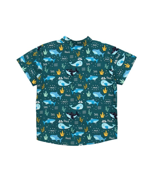 Mandarin Collar Shirt - Shark & Whale At Sea (Green)