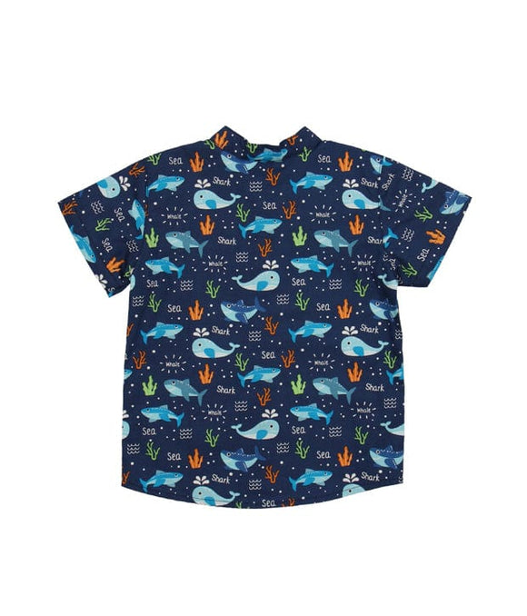 Mandarin Collar Shirt - Shark & Whale At Sea (Navy)