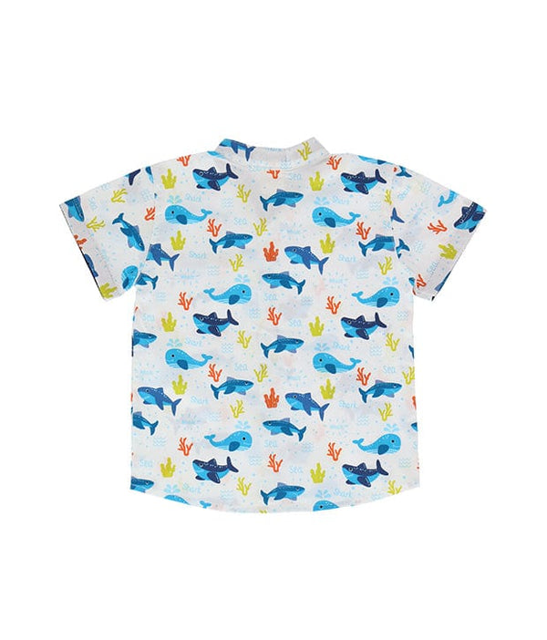 Mandarin Collar Shirt - Shark & Whale At Sea (White)