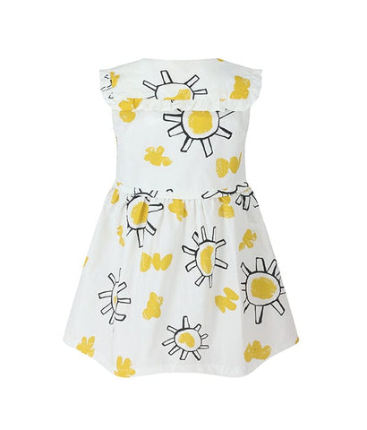 Button Down Sunshine Drawing Ruffle Sleeve Dress (White)