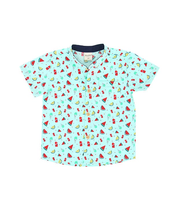 Mandarin Collar Shirt - Watermelon Summer (Tea Green)
