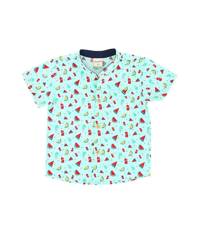 Mandarin Collar Shirt - Watermelon Summer (Tea Green)