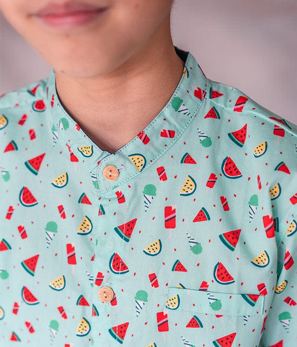 Mandarin Collar Shirt - Watermelon Summer (Tea Green)