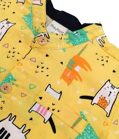 Mandarin Collar Shirt - Quirky Yellow Kitty Cat