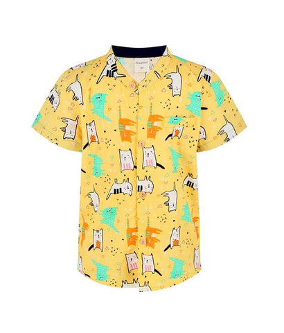 Mandarin Collar Shirt - Quirky Yellow Kitty Cat